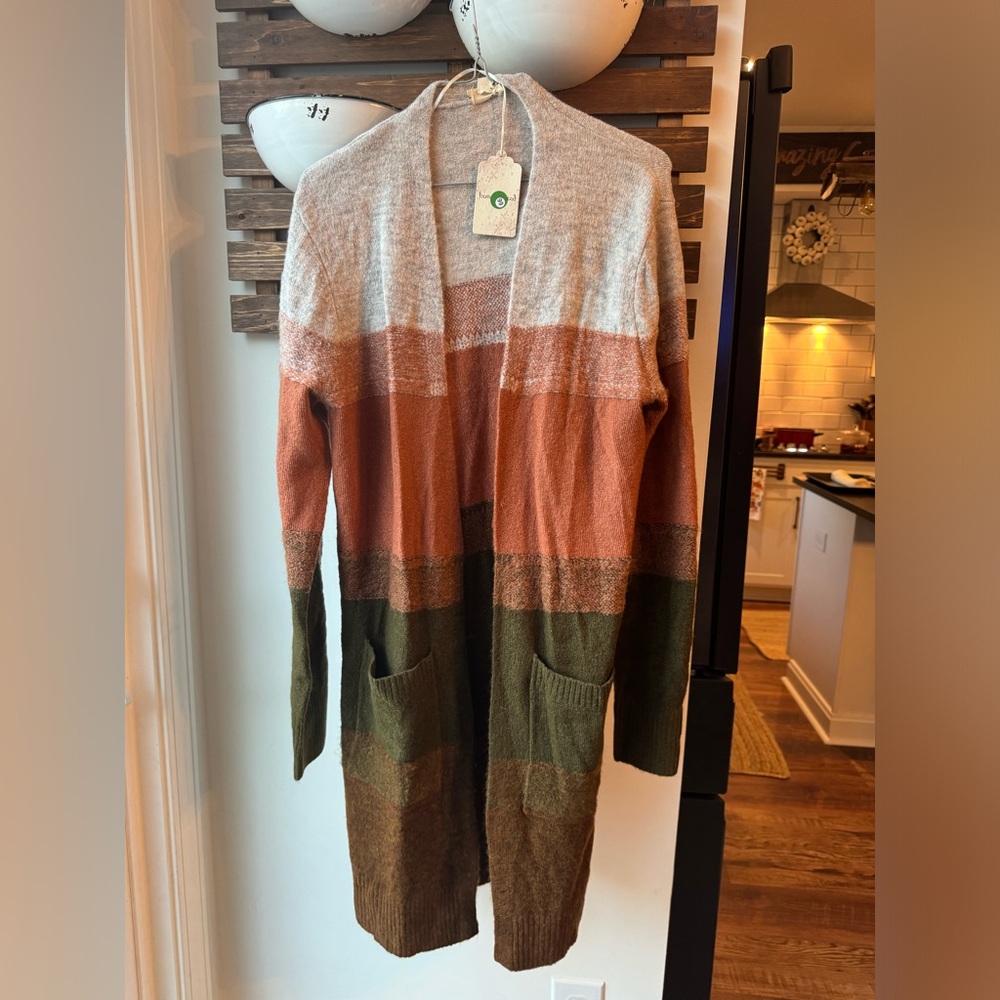 Nwt hem and thread duster sweater cardigan fall small rust olive orange brown